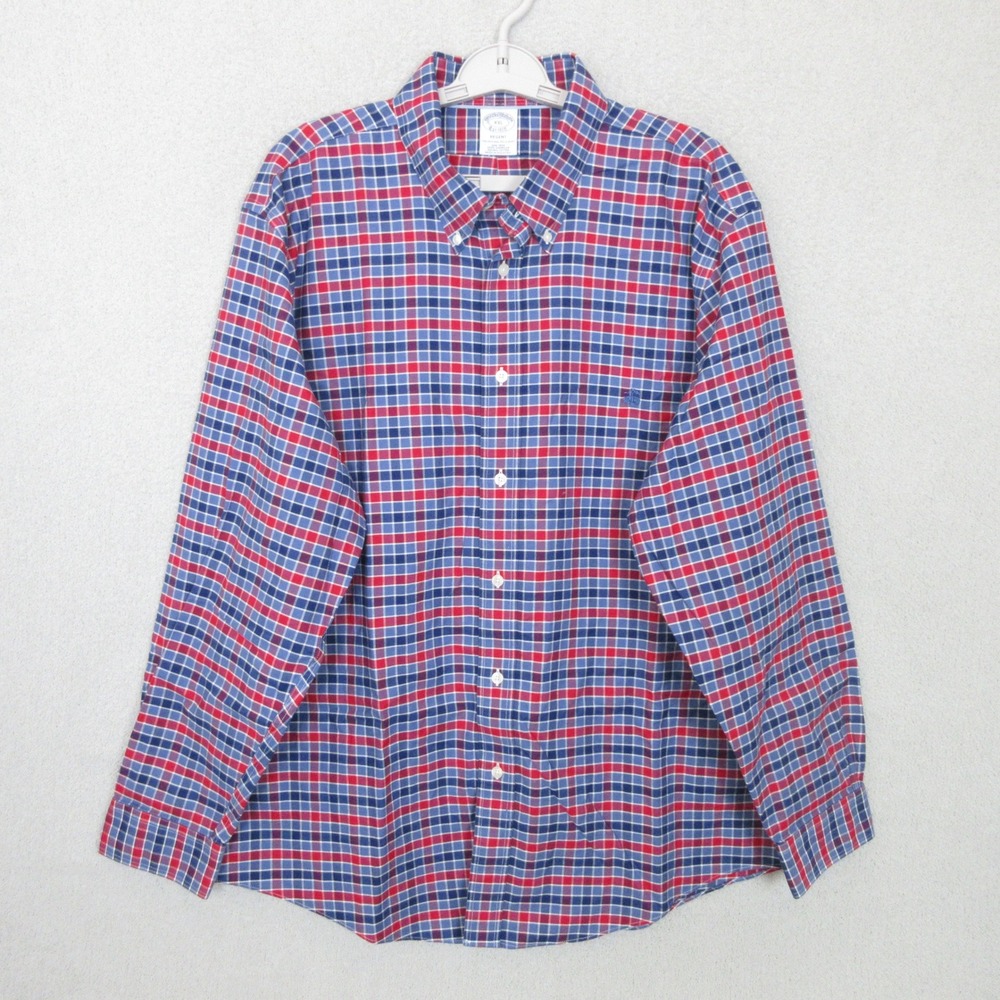 Brooks Brothers Button Down Shirt Mens XXL Red Blue Plaid Regent Non-Iron Cotton